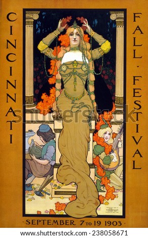 Poster for the Cincinnati Fall Festival, showing a woman seated on a pedestal placing a wreath on her head and wearing art nouveau jewelry, by Stanley Thomas Clough, September 7 to 19, 1903.