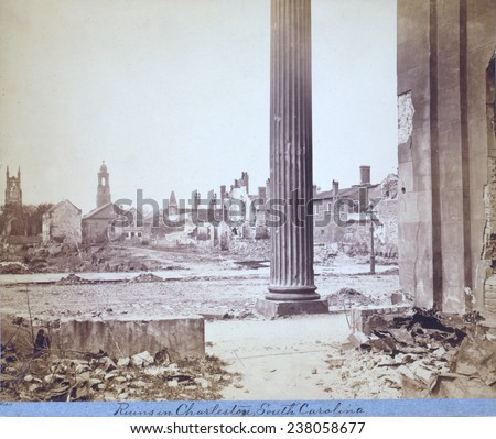The Civil War, view of ruined buildings through porch of the Circular Church, at 150 Meeting Street, Charleston, South Carolina, 1865.