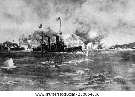 The Battle of Manila Bay, USS Olympia leading US ships in attack on Spanish ships, May 1, 1898, from The New York Times