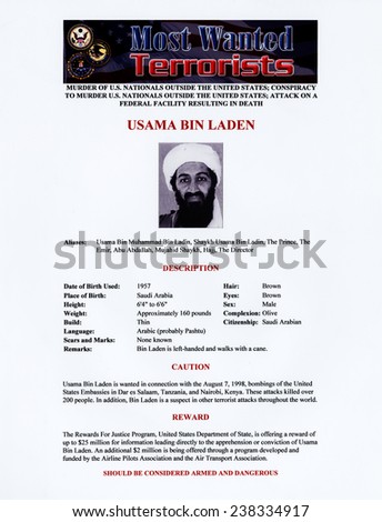 Osama bin Laden, militant Islamist and founder of Al-Qaeda, FBI wanted poster, circa late 1990s-early 2000s.