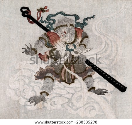 Son Goku, the Monkey King. Japanese illustration of Sun Wukong, the protagonist of the classical Chinese epic Journey to the West. Hand colored woodcut by Kubo Shunman, 1812