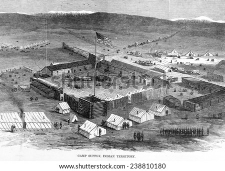 Camp Supply, Indian territory. Military stockade near Beaver River and Wolf Creek (north fork of Canadian River), Utah. Engraving in Harper\'s Weekly, 1869