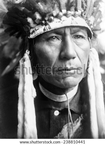 Head-and-shoulders portrait of Nez Perc_ man in full feather headdress. Edward S. Curtis photo, ca. 1910