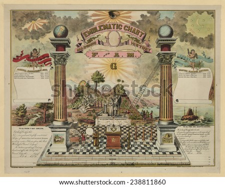 Masonic emblematic chart depicting all-seeing eye, ark, beehive, lamb, globes on top of columns, square and compass, trowel, and anchor, c. 1877