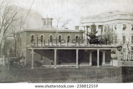 Washington, D.C., President\'s stables (White House in the background). 1857