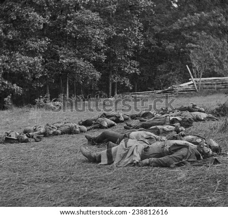 The Civil War. The Battle of Gettysburg. Confederate dead gathered for burial at the southwestern edge of the Rose woods, July 5, 1863