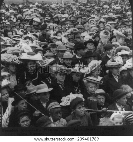 An audience of school children, their parents and teachers, Salina, Kansas. President Theodore Roosevelt's 1903 western tour.