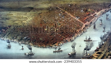 Birds\' eye view of New-Orleans in 1880, with dense riverboat traffic on the Mississippi River.