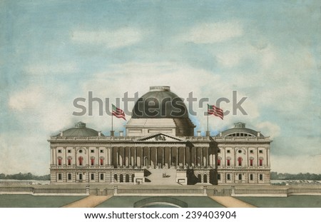 US Capitol, Washington, D.C. In the 1830s, as it was originally designed. In the 1850s a construction project enlarged the dome and extended the spaces for the Senate and House of Representatives.