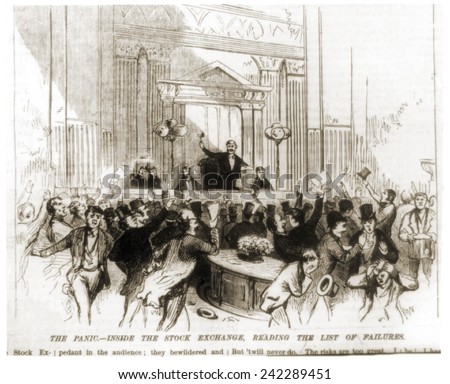 The panic inside the New York Stock Exchange during the reading of the list of bank failures, including the prominent bank, Jay Cooke & Company. September 18, 1873.