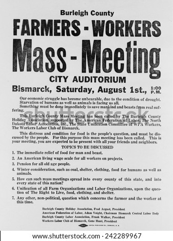 Announcement for a 1937 Farmers Mass meeting sponsored by organized labor, listed demands for relief, wages and pensions. The National Industrial Recovery Act of June 16, 1933, Magna Charta of labor.
