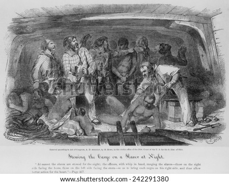 Stowing African captives in a slave ship from historian Henry Howe\'s book, LIFE AND DEATH ON THE OCEAN, about life and work on ocean vessels. 1855.