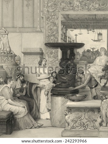 Print based on a Lawrence Alma Tadema (1836-1912) painting, showing a Roman family of men, women, and children admiring a sculpture on pedestal rotated by a slave. 1877 engraving by Auguste Blanchard.