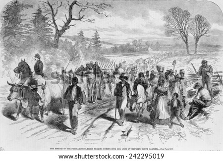 Shortly after the Emancipation Proclamation went into effect on January 1, 1863, many freed slaves escaped to the Union Army lines at Newbern, North Carolina. February 1863 wood engraving.