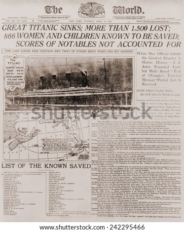 Front page of The New York WORLD of April16, 1912, headlining the sinking of the Titanic.