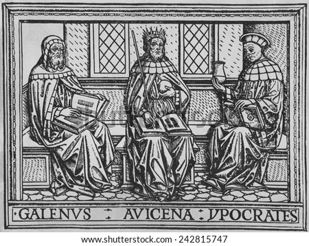 The three great ancient teachers of medicine: Galen (Roman), Avicenna (Persian), and Hippocrates (Greek). Woodcut from an early 15th century Latin language medical book.