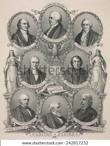 First eight Chief Justices of the U.S.: John Jay, John Rutledge, Oliver Ellsworth, John Marshall, Roger Brook Taney, Salmon Portland Chase, Morrison R. Waite and Melville W. Fuller. 1894 Lithograph.