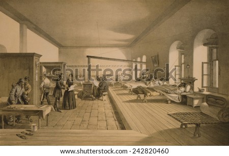 Florence Nightingale (1820-1910), British nurse, in a ward of the hospital at Scutari (across the Bosporus from Istanbul) during the Crimean War.