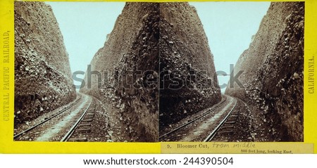 Central Pacific Railroad\'s Bloomer Cut was 800 feet long and had sixty-three foot high walls. It was excavated with dynamite in the late 1860s during construction of the Transcontinental Railroad.