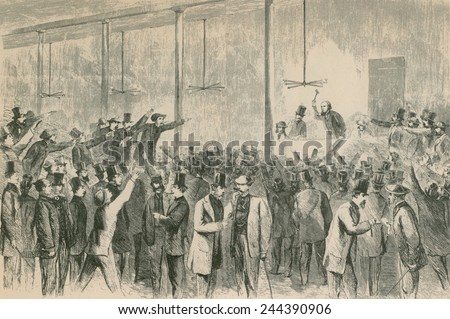 Gallagher's night stock exchange during the U.S. Civil war. The hyper-active market out grew the floor of the NY Stock Exchange prompting the opening of a night exchange in the Fifth Avenue Hotel.