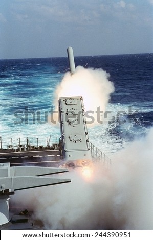 Tomahawk Missile launched toward a target in Iraq guided missile cruiser USS MISSISSIPPI during the air war phase of Operation Desert Storm. Jan.29 1991
