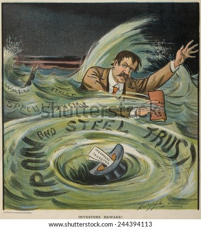 INVESTORS BEWARE Cartoon shows investors drowning in rough seas labeled \'Wall Street\' and \'Speculation\' and caught in a whirlpool. Louis Dalrymple cartoon was published in PUCK on April 1 1901.