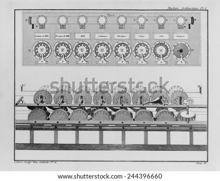 Calculating machine designed by French mathematician Blaise Pascal in 1642 when he was nineteen years old. It could perform addition and subtraction.