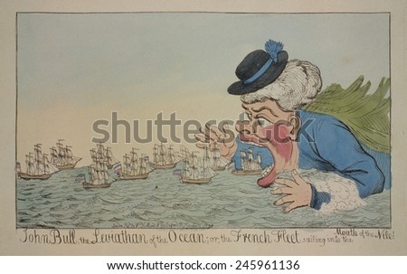 Cartoon depicting Napoleon's Egyptian expedition sailing into the mouth of John Bull. In the Battle of the Nile the British Navy destroyed the French fleet.