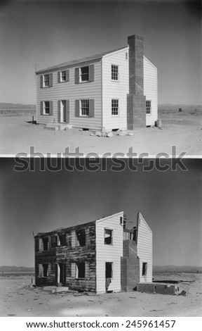 Nuclear \'Operation Cue\' tested buildings\' ability to survive atomic bombs. Before and after photos of a two-story wood frame house 5,500 feet from ground zero. April 4, 1955.
