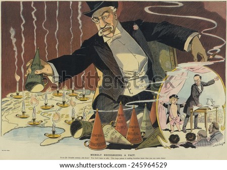 Cartoon depicting a giant businessman looking like J.P. Morgan and labeled \'centralized wealth\' snuffing out candles representing smaller businesses and entrepreneurial values across the U.S.