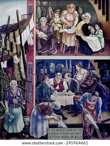 WPA Mural. \'Society Freed Through Justice\' by George Biddle 1936. The legend \'The Life of the Law Has Not Been Logic It Has Been Experience.\' Located in the Department of Justice Washington D.C.