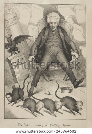 Andrew Jackson losses his Cabinet. In 1831 five of his eight cabinet officials resigned. Jackson is depicted collapsed in a chair as his cabinet scurries to avoid the repercussions.