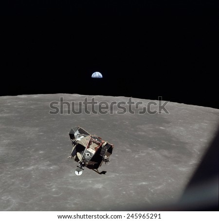 The Apollo 11 Lunar Module ascending from Moon\'s surface. In the background is Mare Smythii with the Earth on horizon. July 20, 1969.