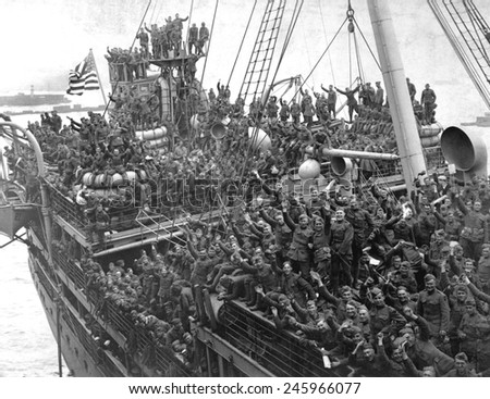 American troop ship, Agamemnon, arriving in Hoboken, N.J. after the end of WWI. Ca. 1919.