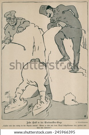 WWI. German cartoon of Britain\'s symbol, John Bull, stuck in the Dardanelles. \'When he gets good and stuck, we\'ll get him from behind. From \'Jugend\', March 8, 1915.
