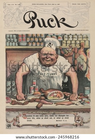 THE MEAT MARKET a 1906 cartoon by Carl Hassmann shows a butcher with meats labeled \'Potted Poison Chemical Corn Beef Bob Veal Chicken Tuberculosis Lard Decayed Roast Beefx80\'