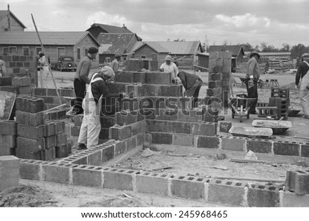 Cinder block construction, Jersey Homesteads, Hightstown, New Jersey. The New Deal project created an agro-industrial cooperative was established for urban Jewish garment workers. Nov. 1936.