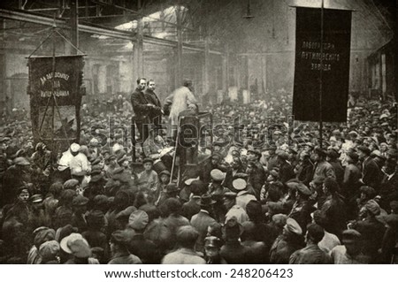 Meeting in the Putilov Works in Petrograd during the 1917 Russian Revolution. In February 1917 strikes at the factory contributed to the February Revolution.