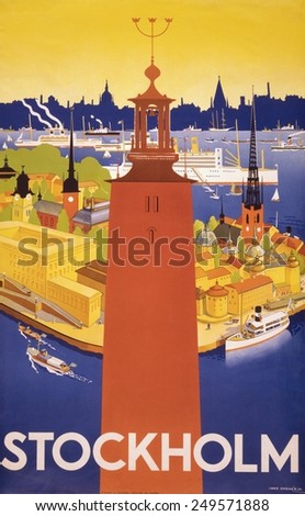 Swedish travel poster shows Stockholm\'s city hall and a bird\'s eye view of the harbor with ocean liners. 1936.