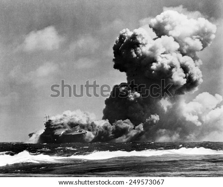 The USS Wasp burning after she was struck by three torpedoes from a Japanese submarine. South West Pacific, east of the Solomon Islands, where she sank on Sept. 15, 1942.