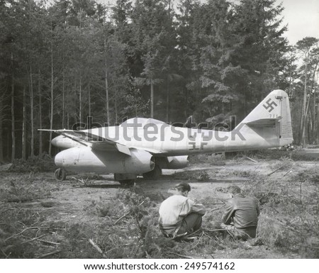 German jet-propelled plane at Rheinmain Airport near Frankfurt, Germany. The Messerschmitt Me 262 Schwalbe