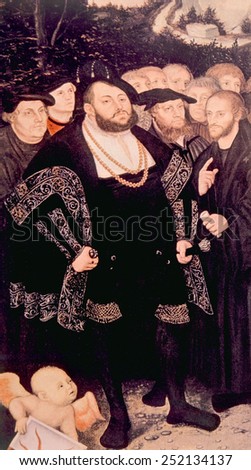 Martin Luther (left) with his friends John Oecolampadius, John Frederick the Magninimous, Huldreich Zwingli, Philipp Malanchthon, painting by Lucas Cranach the elder, ca. 1530