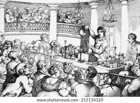 Sir Humphrey Davy (1778-1829) lecturing at the Surrey Institute, engraving by Thomas Rowlandson