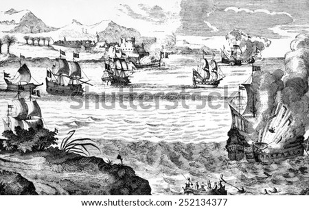 Destruction of the Spanish fleet on Lake Maracaibo in Venezuela by the English pirate Henry Morgan, April 30, 1669.