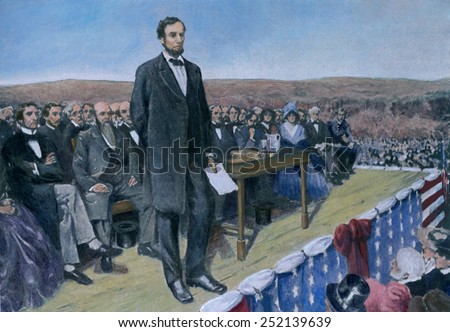 Abraham Lincoln (1809-1865) delivering the Gettysburg Address at the dedication ceremonies at the Soldiers\' National cemetery. Nov. 19, 1863. 20th century print with modern color.