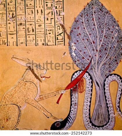 Painting of a rabbit-eared cat associated with the sun god Ra killing the serpent god of the underworld Apophis, from the tomb of Inherkhaul, XX Dynasty, Egypt