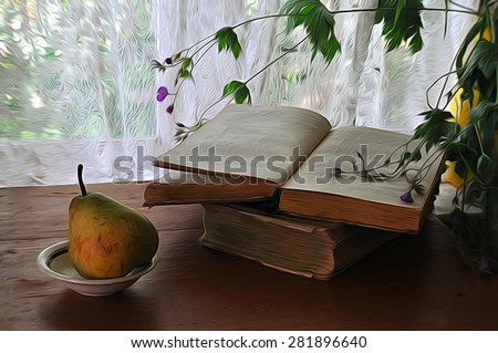 a pear and two books