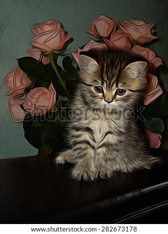 Little kitty with a bunch of beautiful pink roses behind him