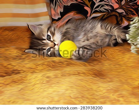 Little kitty playing with a small yellow ball on the bed in the room