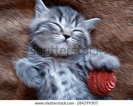 Sleeping little kitty with a pink striped ball in his paws
